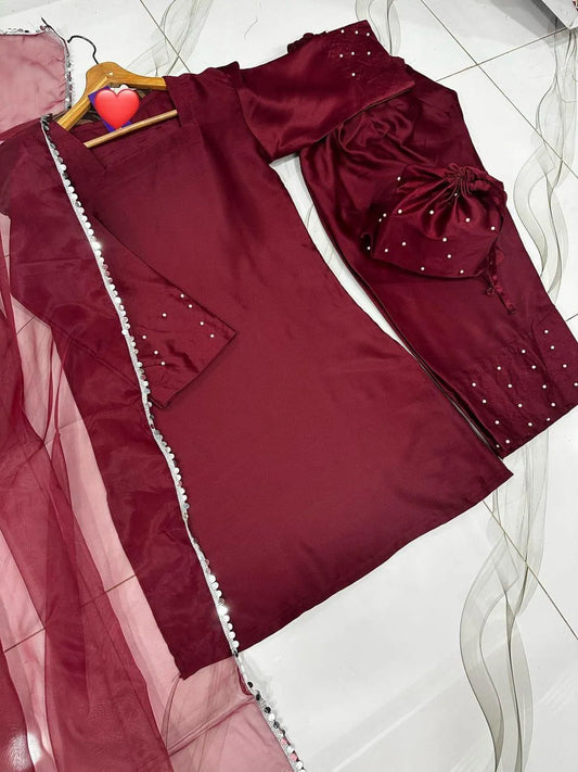 Farshi shalwar kameez 4pcs silk lace work dupatta