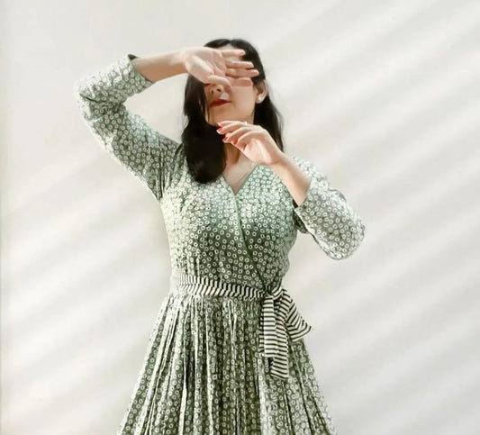 Green floral printed linen maxi