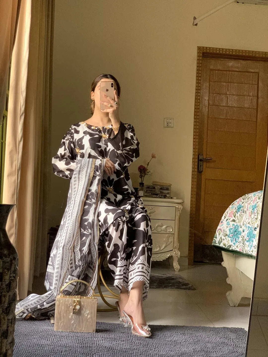 Black and white kurta set