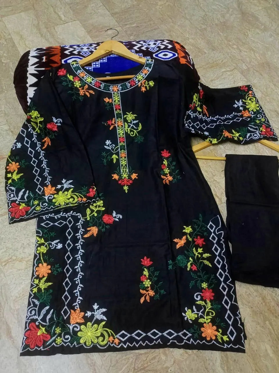 Black linen 2 piece embroidered suit