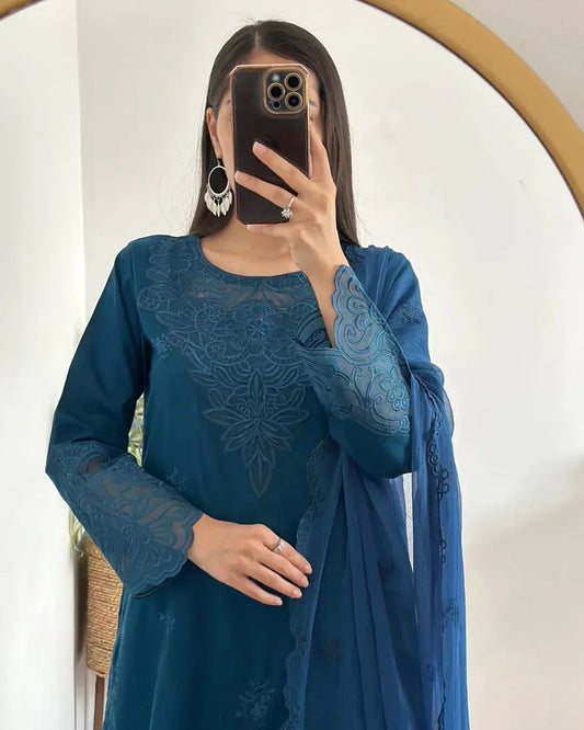 Mystic blue 3-pcs embroidered cotton lawn
