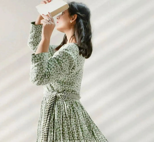Green floral printed linen maxi
