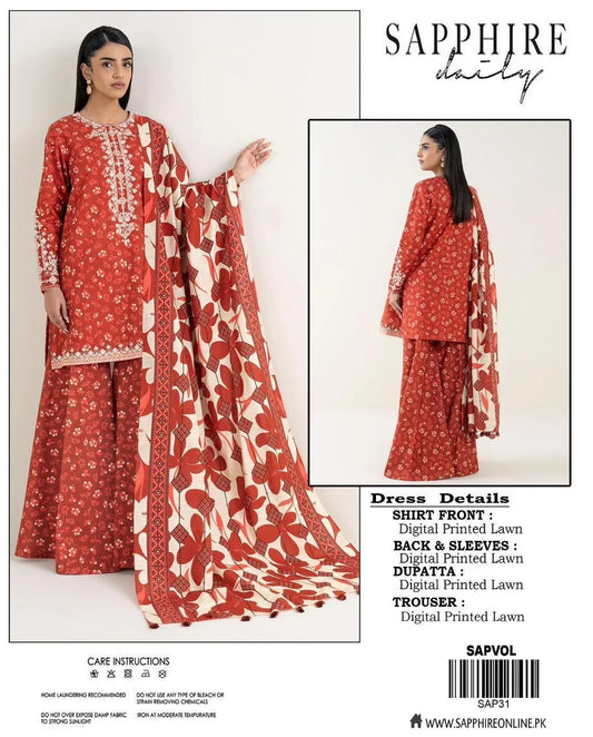 Red floral printed lawn suit