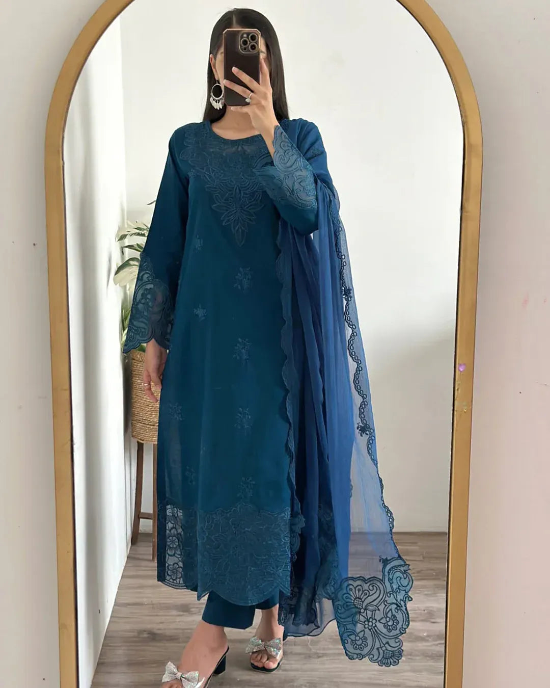 Mystic blue 3-pcs embroidered cotton lawn