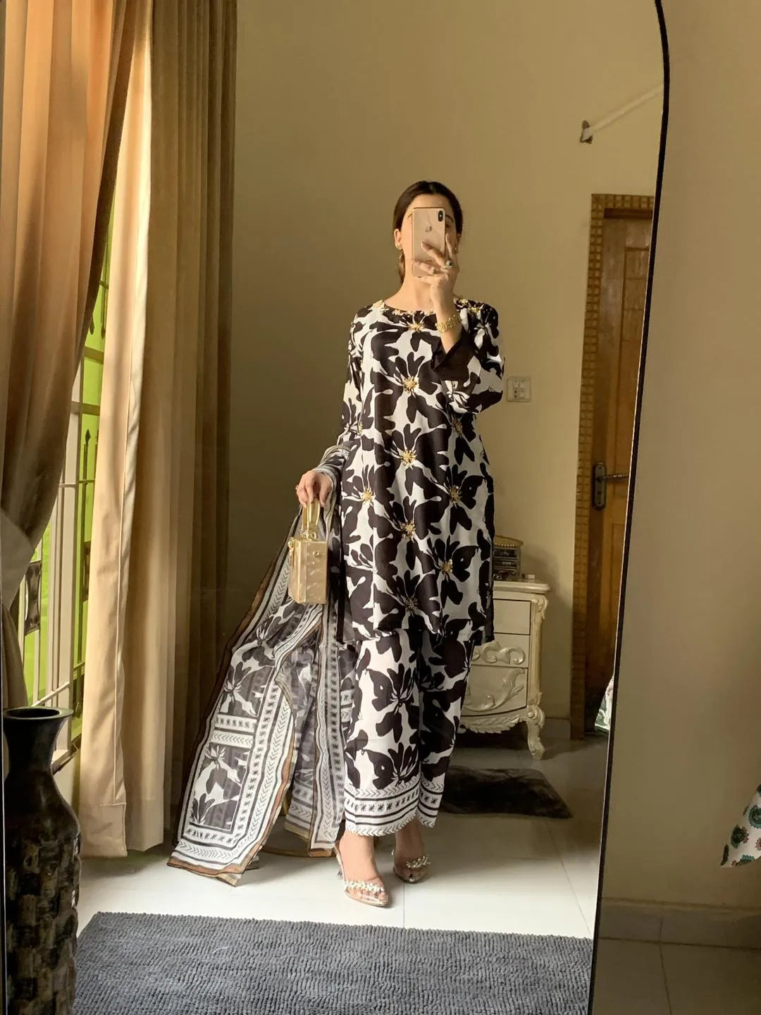 Black and white kurta set