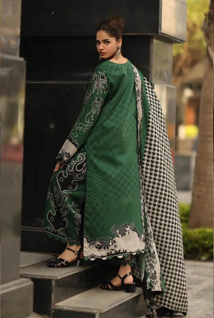 Green printed khaddar suit
