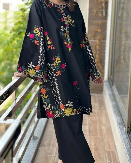 Black linen 2 piece embroidered suit