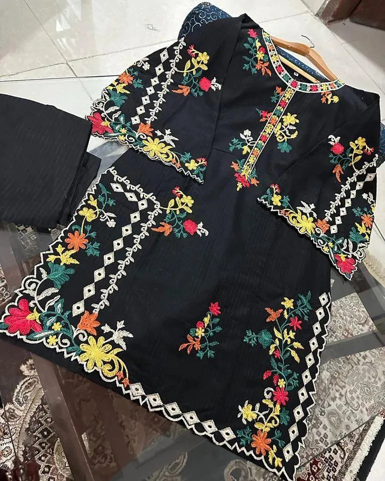 Black linen 2 piece embroidered suit