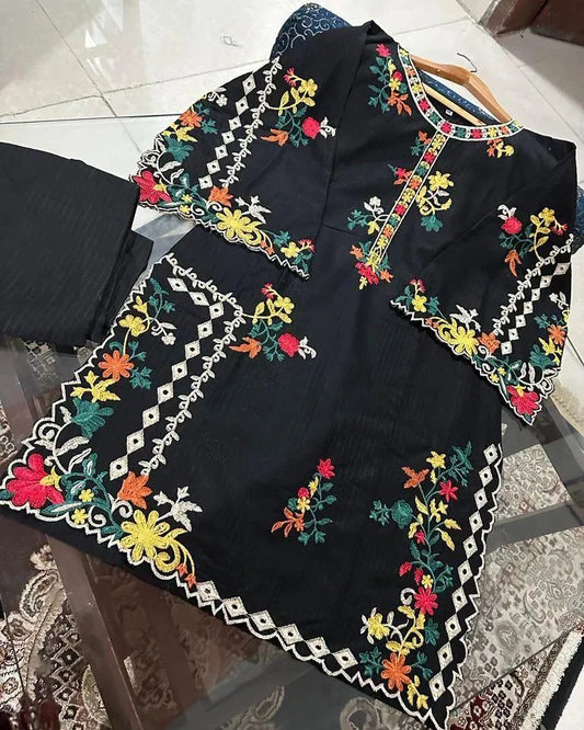 Black linen 2 piece embroidered suit
