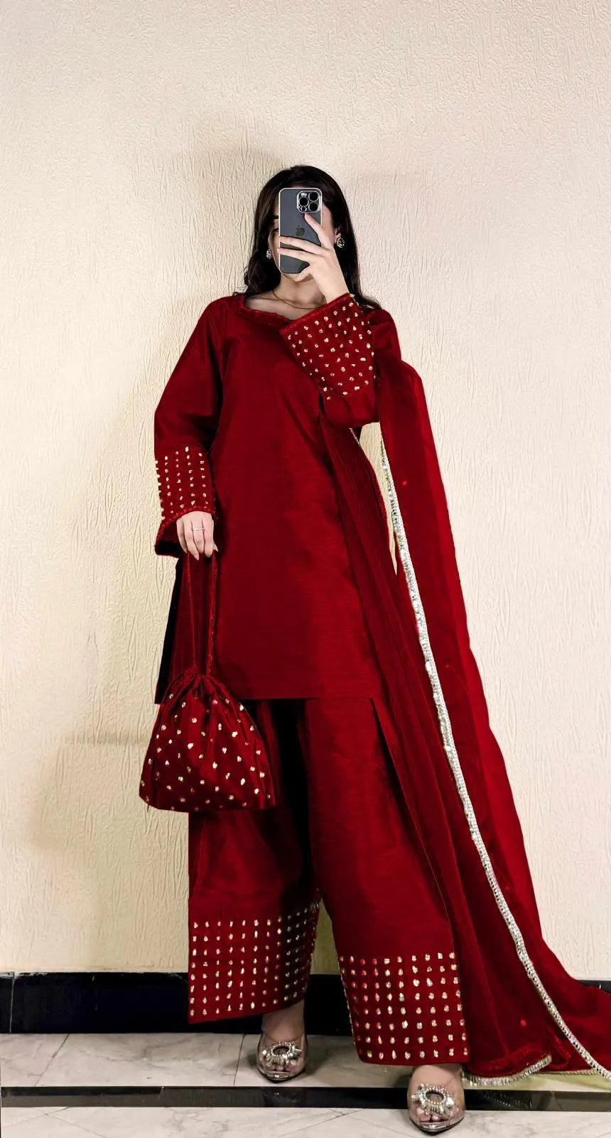 Farshi shalwar kameez 4pcs silk lace work dupatta