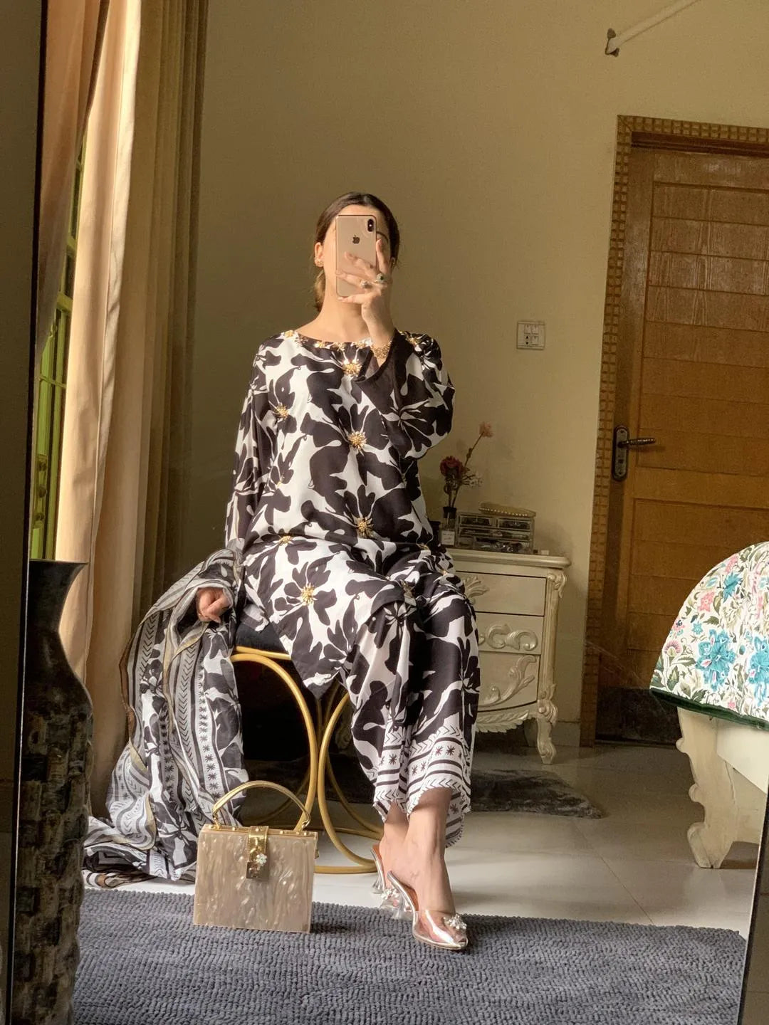 Black and white kurta set