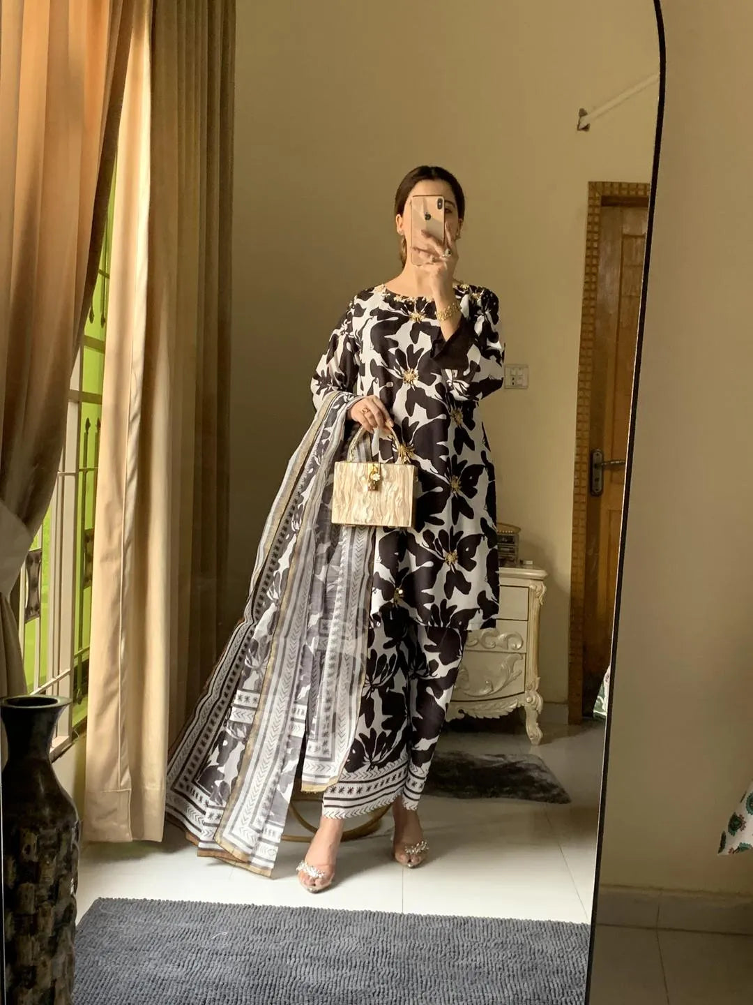 Black and white kurta set