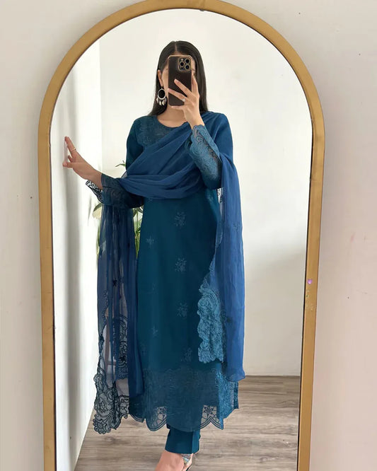 Mystic blue 3-pcs embroidered cotton lawn