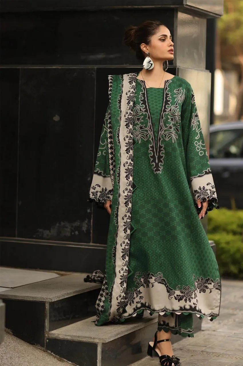 Green printed khaddar suit