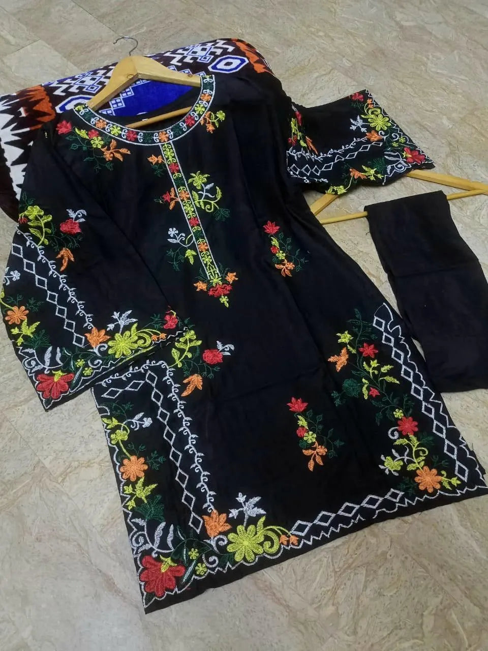 Black linen 2 piece embroidered suit