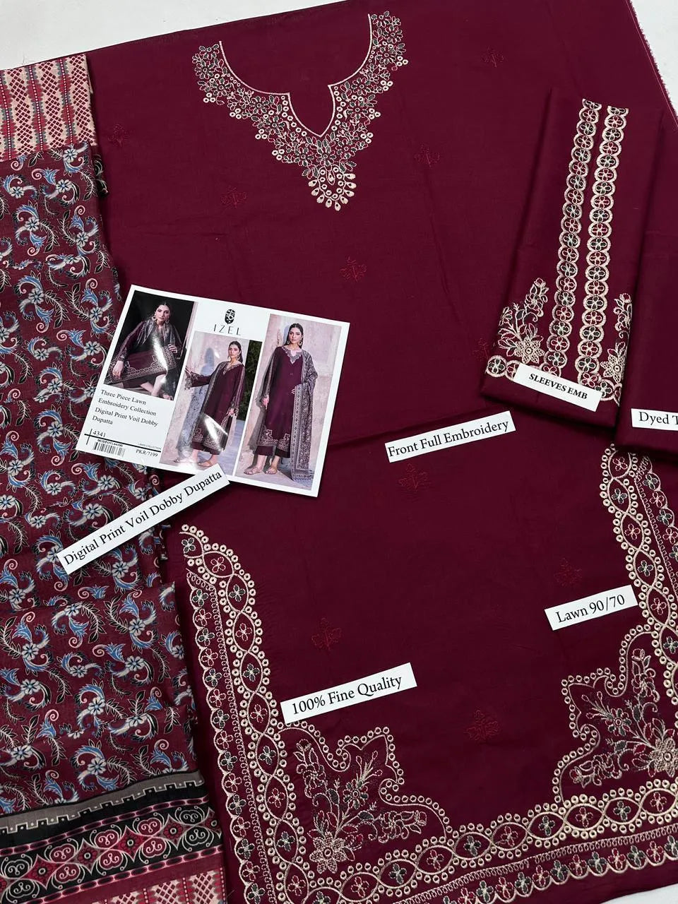 Maroon embroidered 3-piece lawn suit