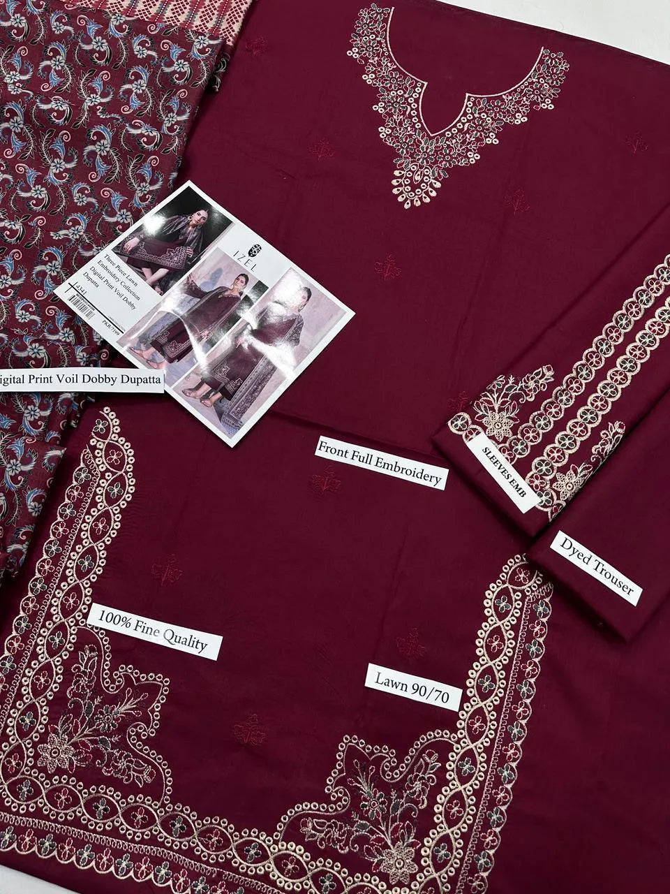 Maroon embroidered 3-piece lawn suit