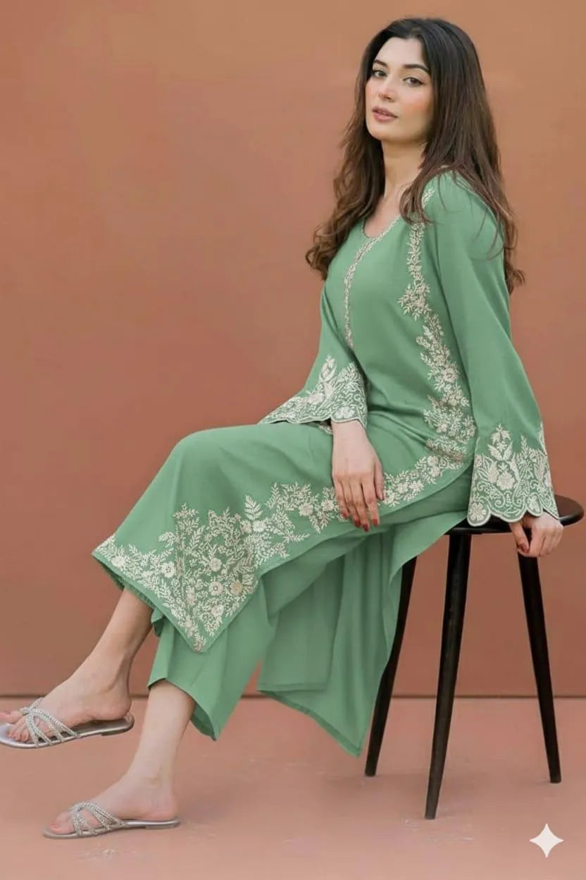 Green embroidered lawn suit