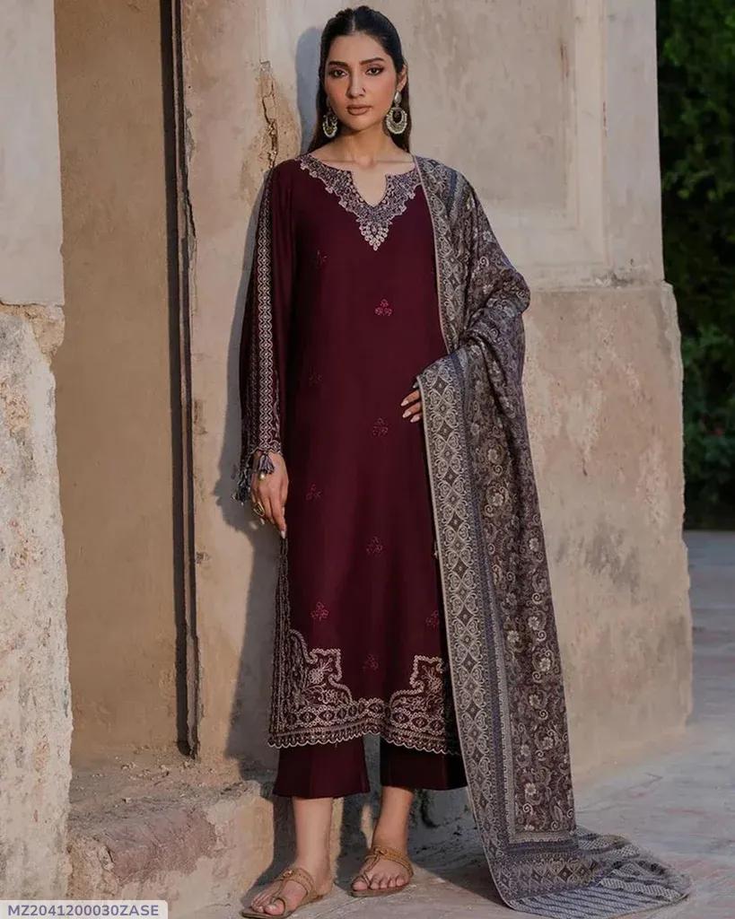 Maroon embroidered 3-piece lawn suit